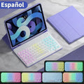 iPad leather protective case with integrated luminous RGB backlit Bluetooth keyboard and stand in multiple colour options.