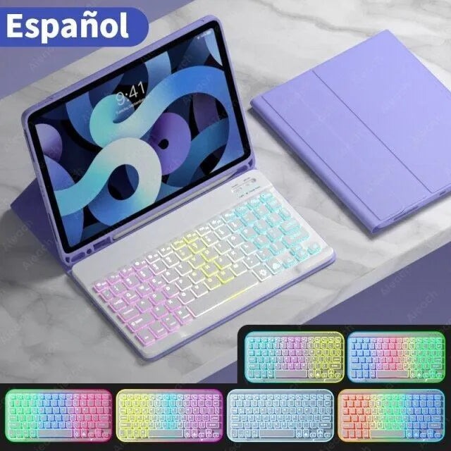iPad leather protective case with integrated luminous RGB backlit Bluetooth keyboard and stand in multiple colour options.