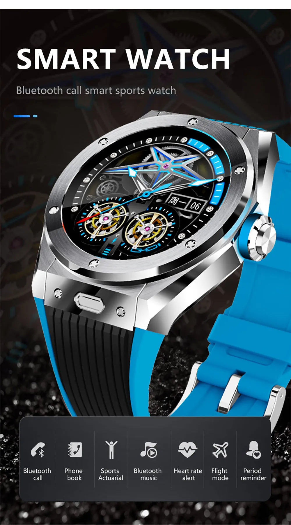MV58 black Bluetooth smart watch with sporty silicone strap on a wrist, showing health metrics on screen.