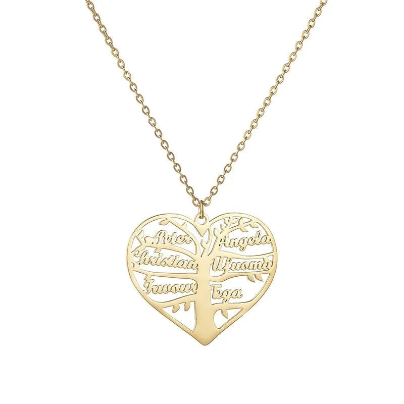Personalised stainless steel necklace with hollow heart and family tree pendant engraved with names