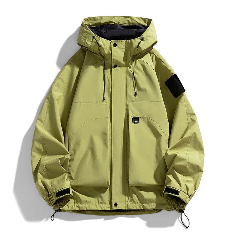 Men's black waterproof windproof hooded jacket on a hanger