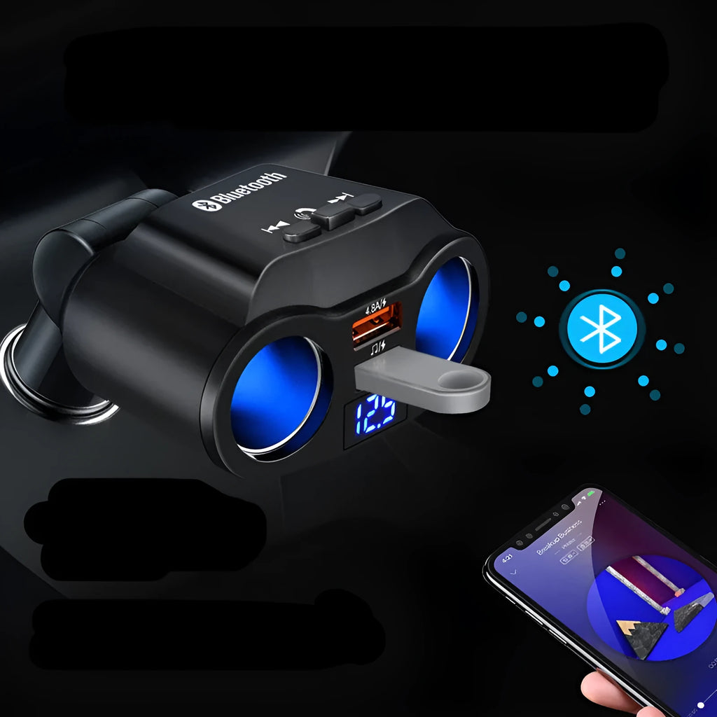 Black car Bluetooth FM transmitter MP3 player with USB ports plugged into cigarette lighter socket