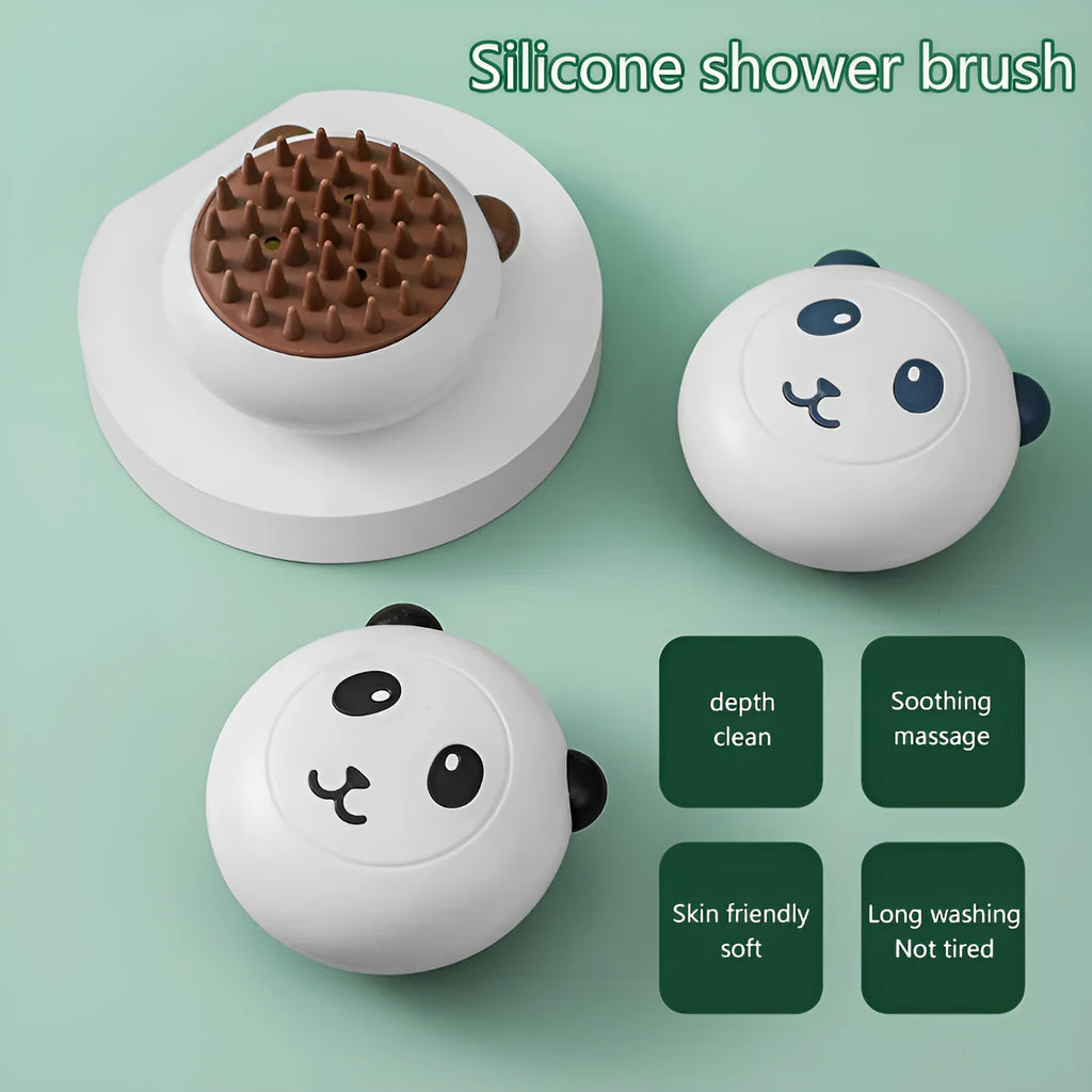 Panda-shaped silicone pet bath brush for cats and dogs with integrated handle