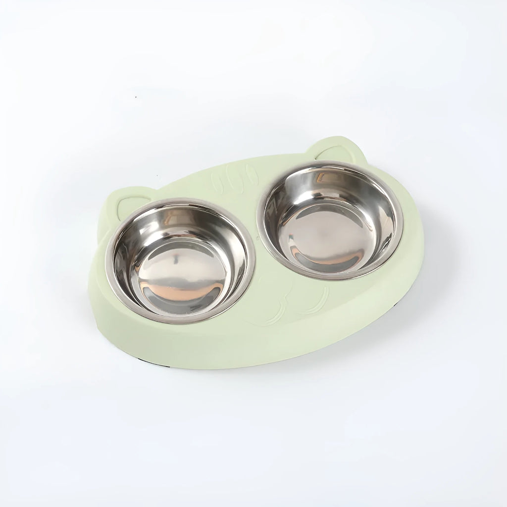 Blue macaron-shaped plastic double bowl pet feeder for food and water