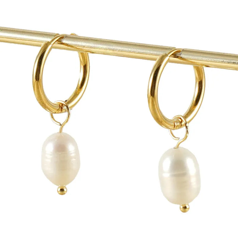 Gold electroplated stainless steel geometric earrings with pearl elements for women