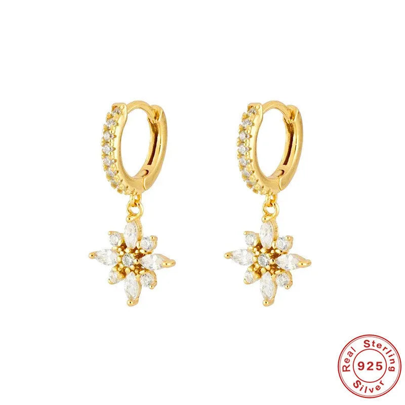S925 sterling silver snowflake pendant earrings with geometric design in white gold or yellow gold colour
