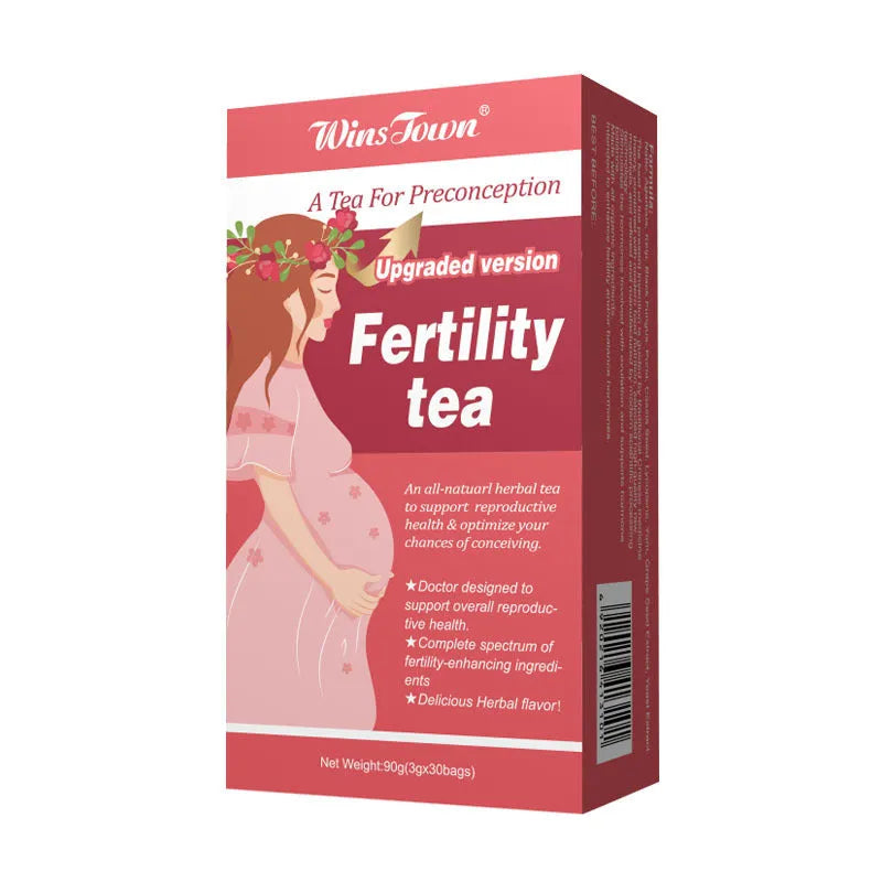 Fertility tea box containing 3 sets of 30 herbal tea bags for women's reproductive wellness support