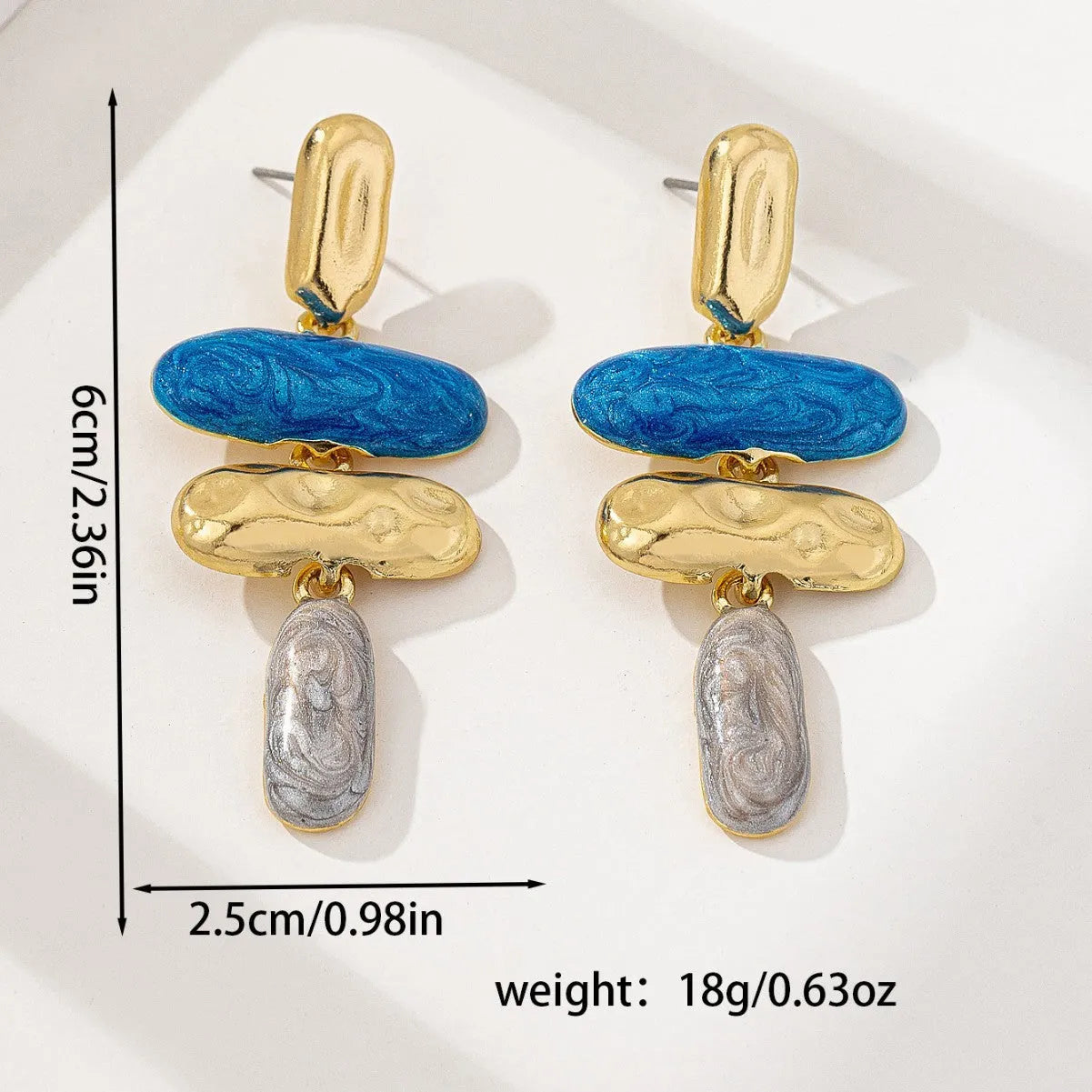 Geometric zinc alloy stud earrings with electroplated multicolour finish