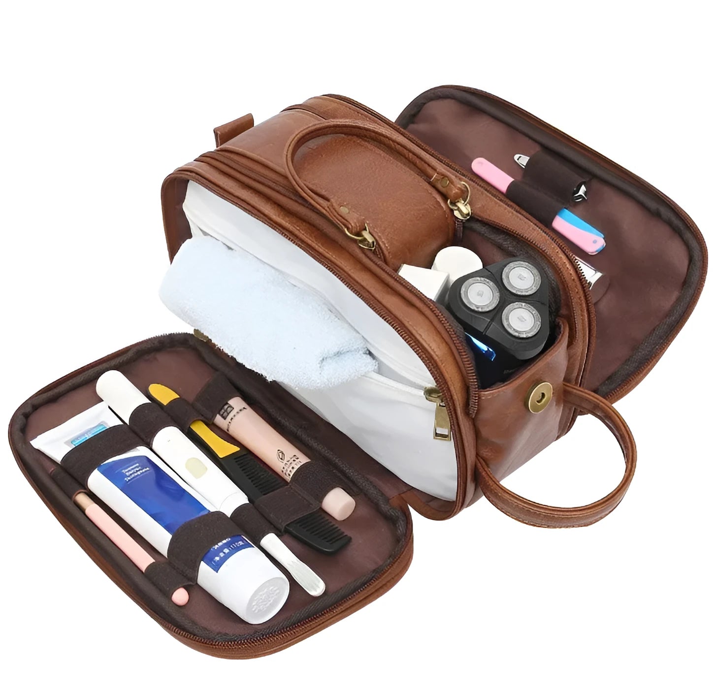 Men's black PU leather toiletry bag for travel storage of grooming essentials
