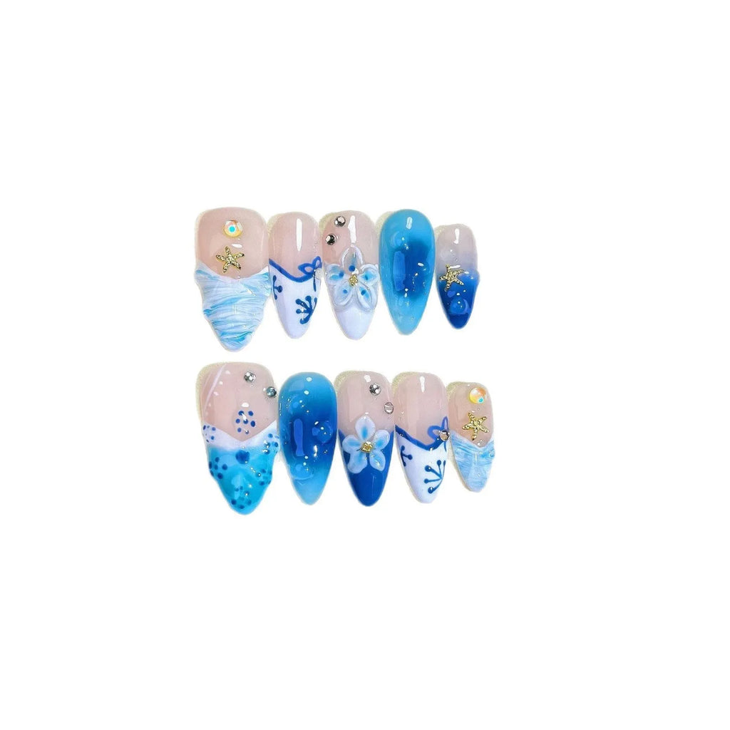 Blue hand-painted carved summer ice transparent plastic fake nails set in sizes XS, S, M, L