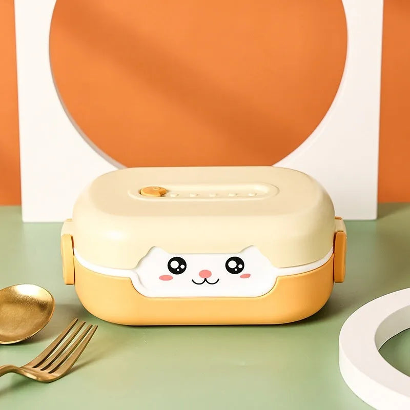 Square plastic divided lunch box with cartoon design in dark blue, orange yellow, or pink and green colours.