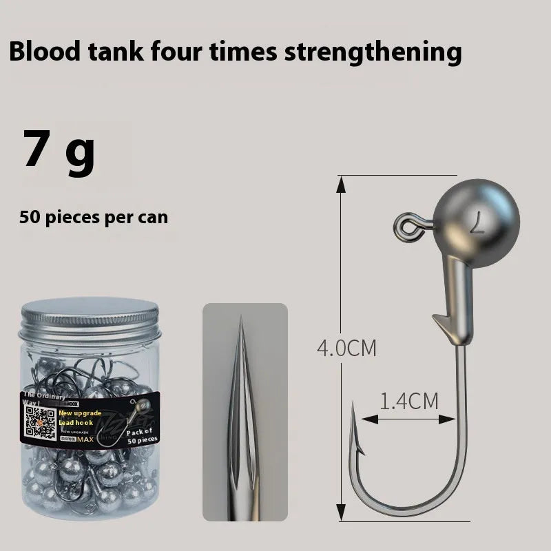 50-piece enhanced strength fishing jig hooks with lead-headed design in primary colours