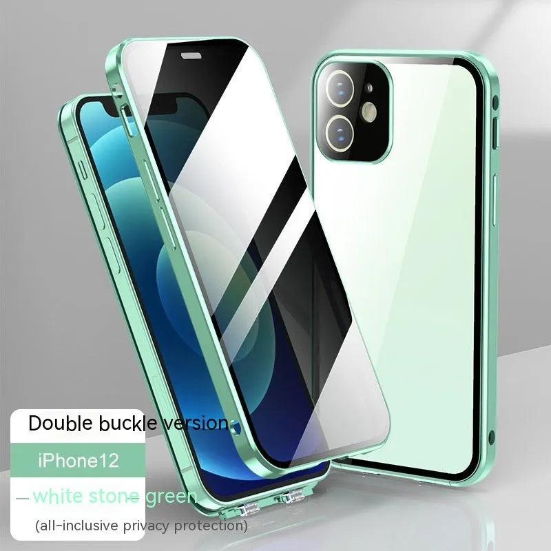 Glass back iPhone privacy case with double-sided buckle, shown in silver colour.