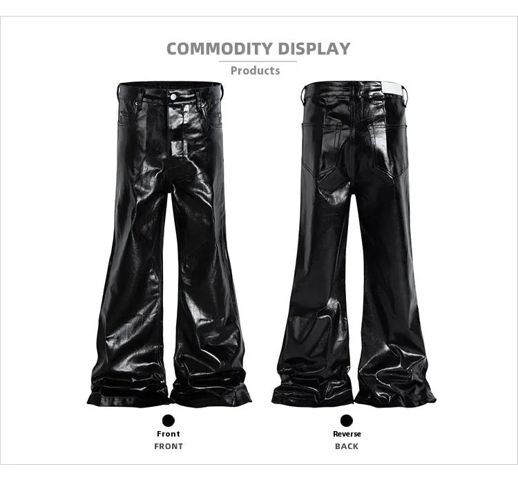 Black coated patent leather straight-leg skinny jeans on a hanger