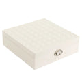 Red and white jewellery storage box with compartments for necklaces and rings