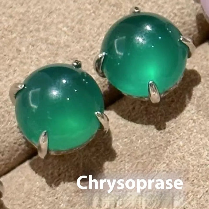 Chinese retro style chalcedony stud earrings with round egg surface design in three colours