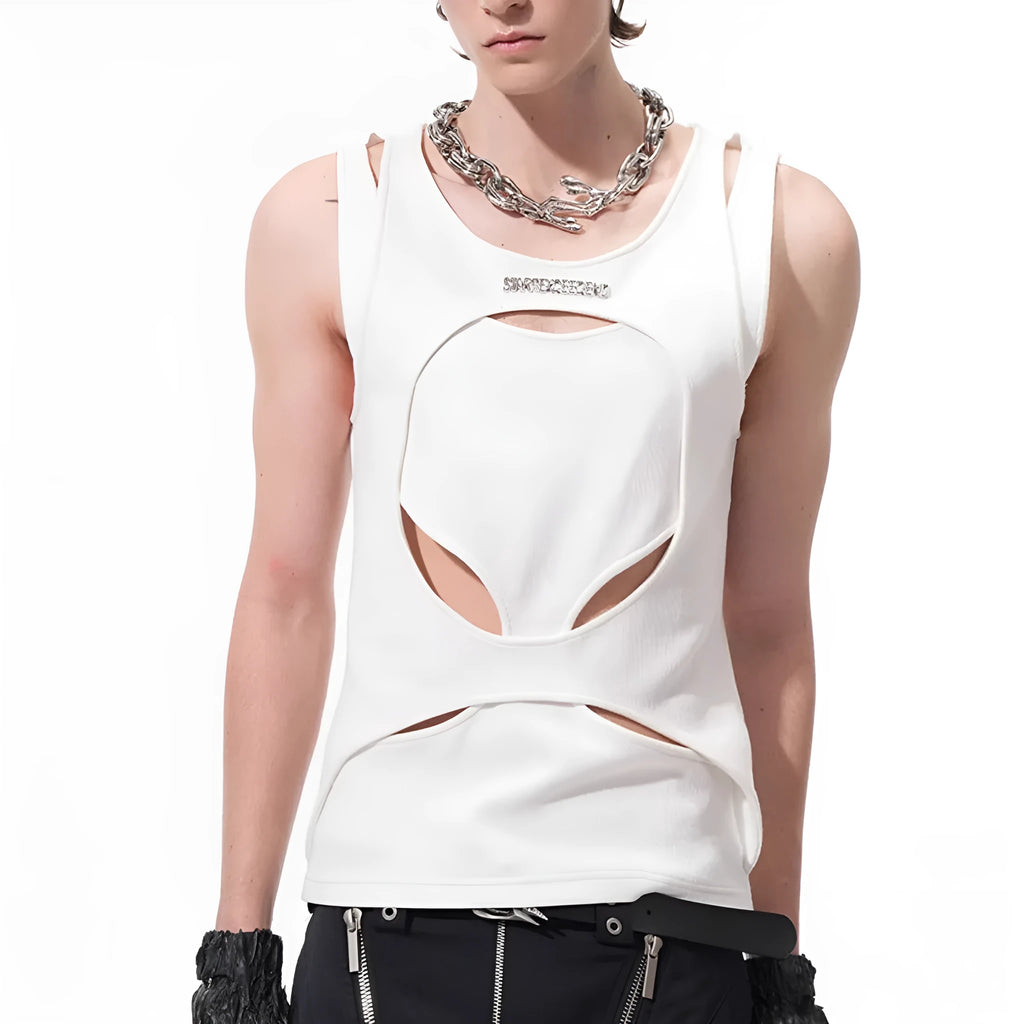 Men's black sleeveless waistcoat with hollow knit construction and round neck collar