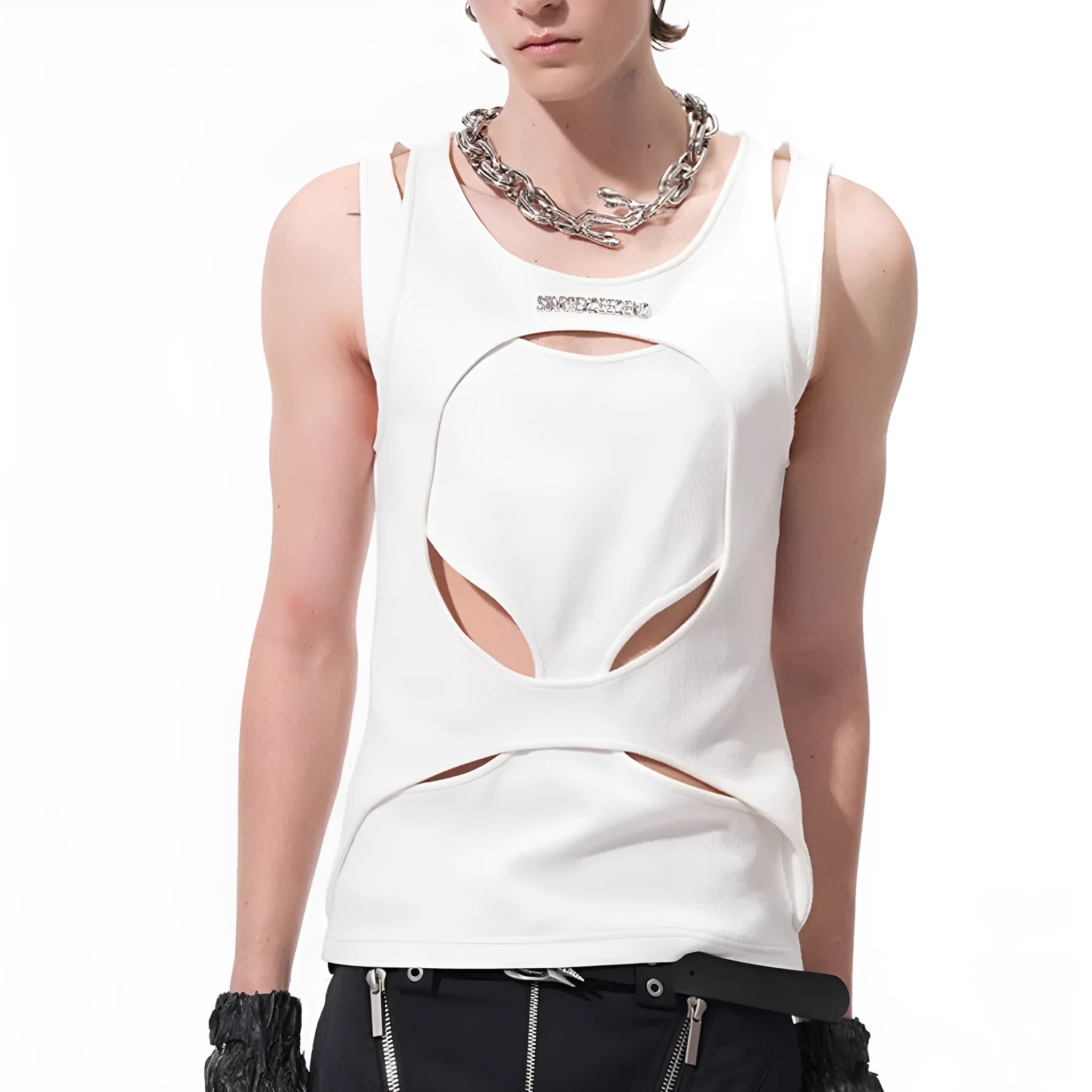Men's black sleeveless waistcoat with hollow knit construction and round neck collar