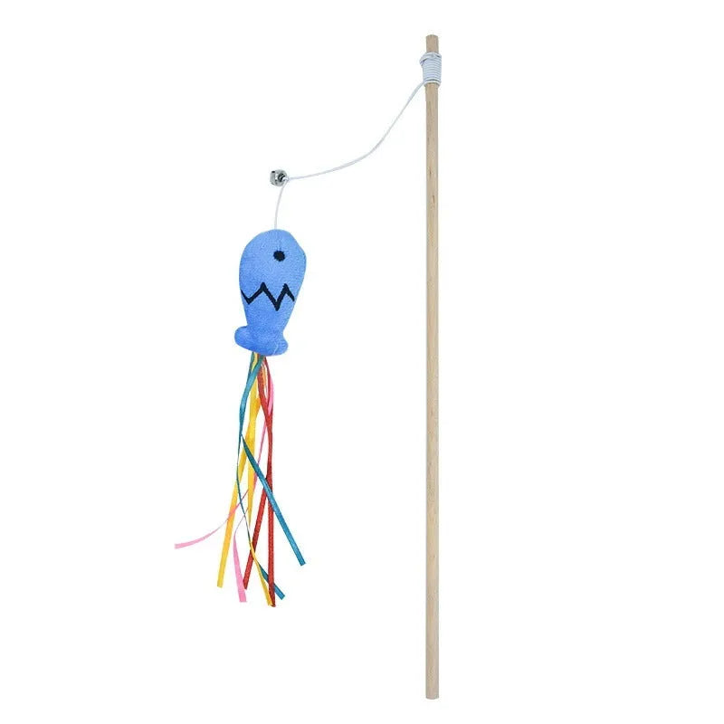 Wooden handle cat wand toy with catnip fish, colourful ribbons and bell attachment