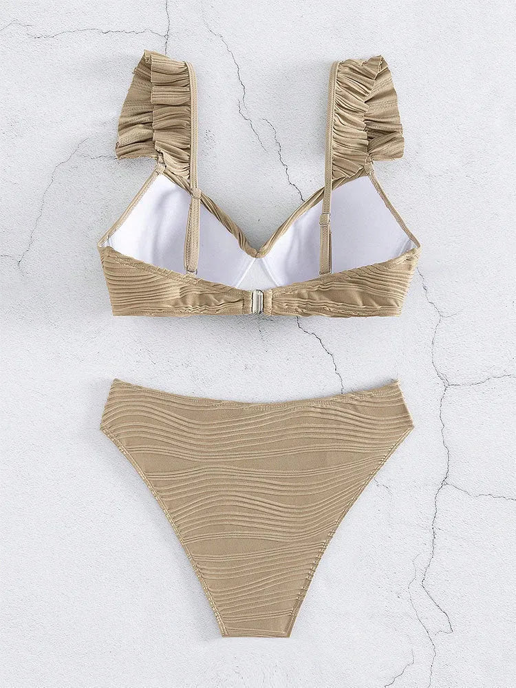 Women's solid colour polyester bikini swimsuit in black or khaki options with two-piece design