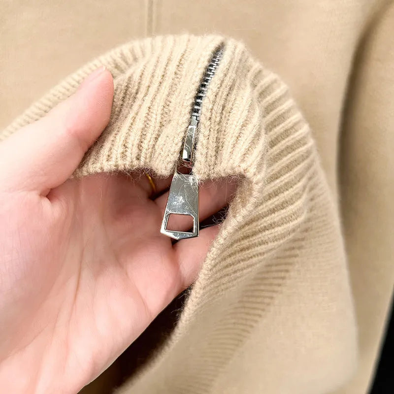 Men's loose fit grey stand collar cardigan with a full front zipper.