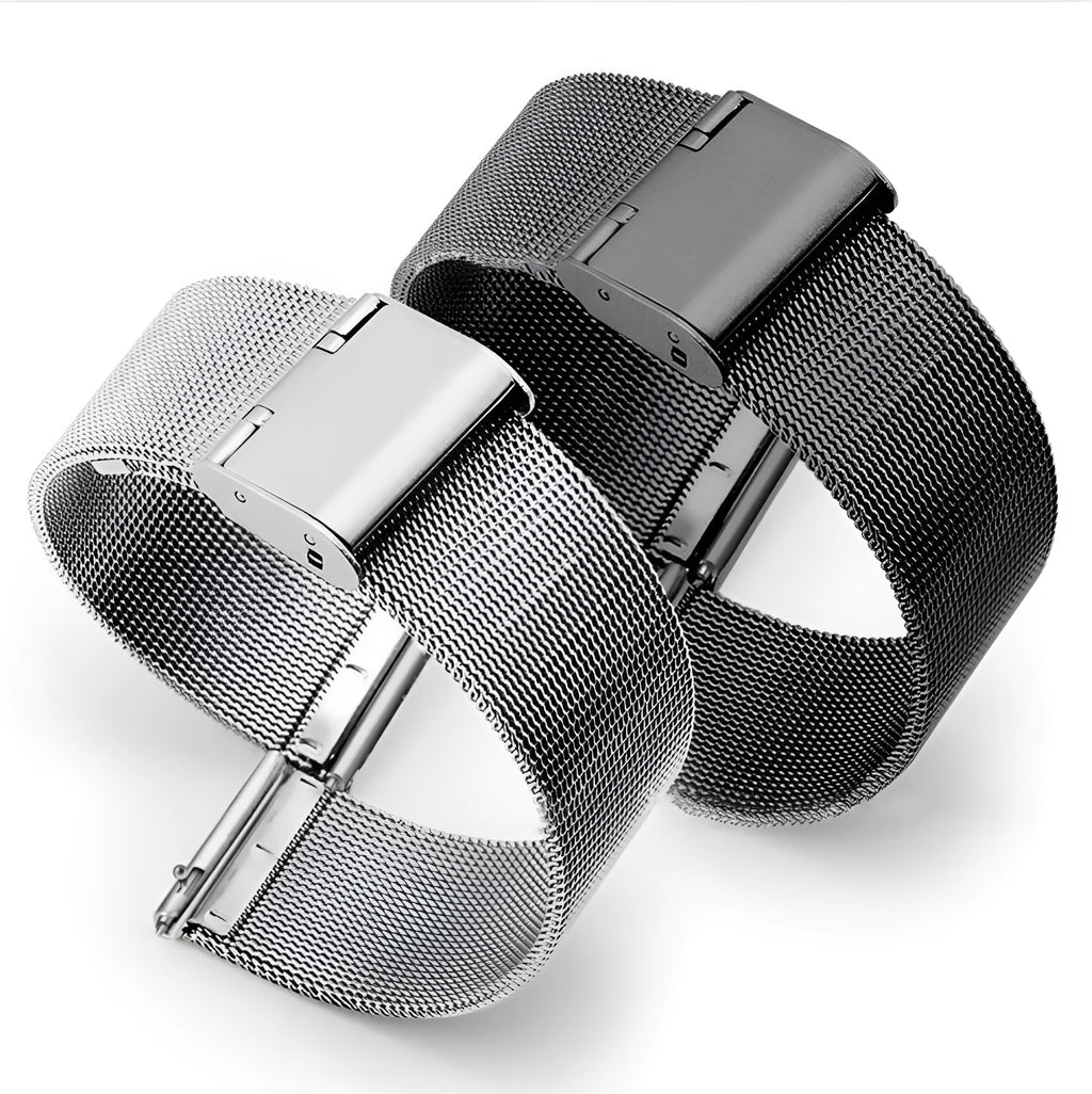 Milani woven stainless steel watch band showing textured metal construction in silver, black, gold, or rose gold.