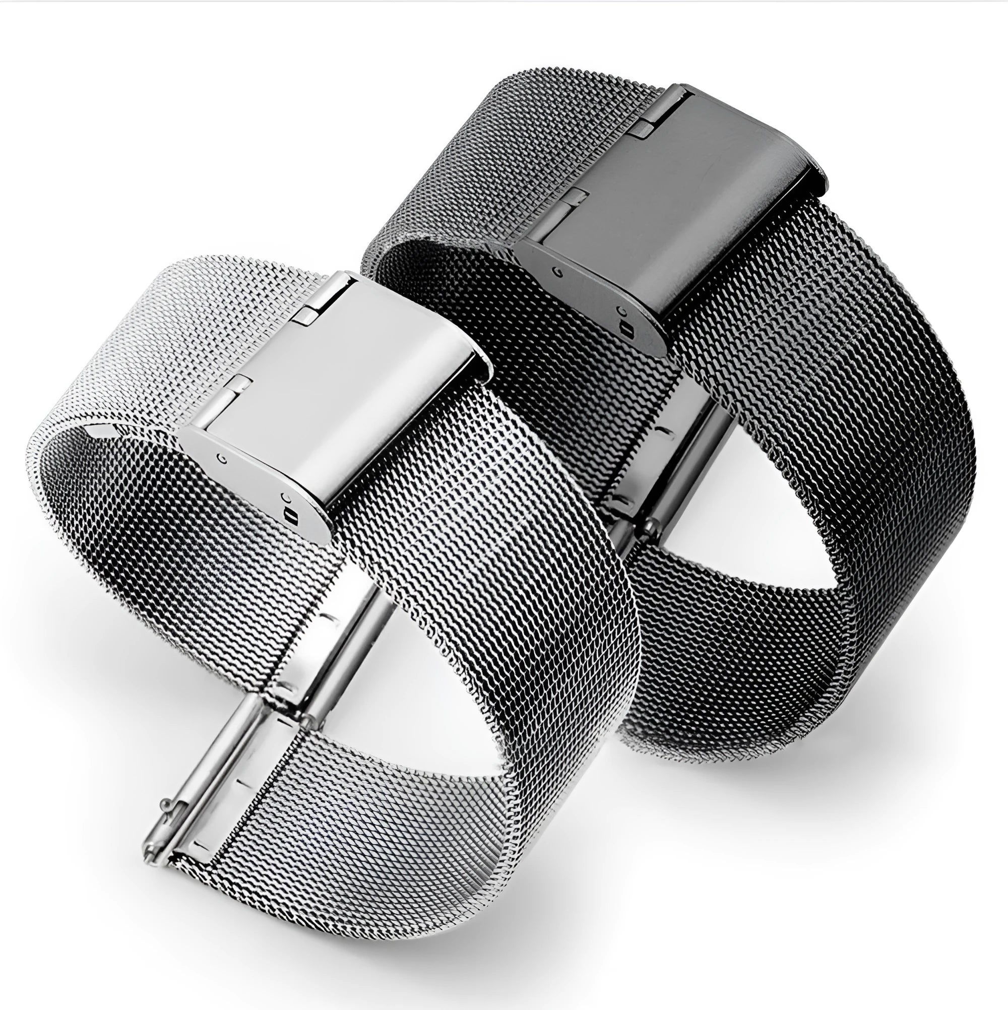 Milani woven stainless steel watch band showing textured metal construction in silver, black, gold, or rose gold.