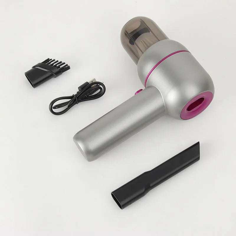 XC-06 grey portable car vacuum cleaner with brush and extended nozzles, 19cm handheld design