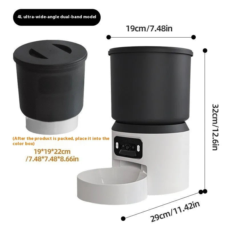 4L smart pet feeder with Wi-Fi and camera on floor next to cat, showing mobile app control interface.