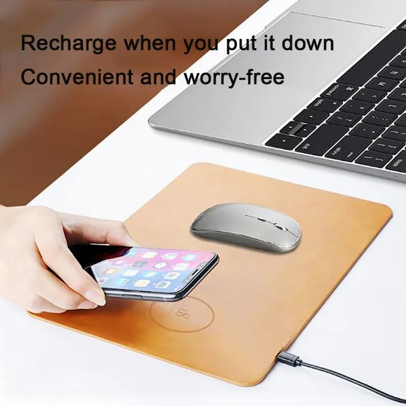 Brown leather wireless charging mouse pad with integrated Qi charging coil and Micro USB port