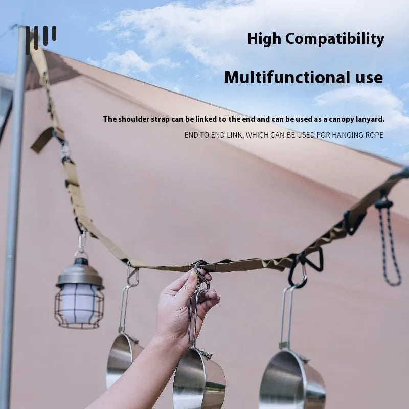 130cm outdoor multifunctional hanging rope clothesline storage belt in black and khaki colours for camping and travel