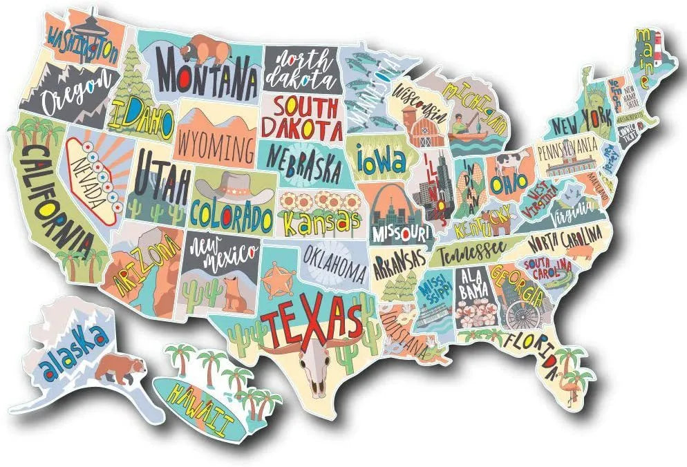 Travel destination map car sticker set showing two style options and a white background sticker.