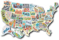 Travel destination map car sticker set showing two style options and a white background sticker.