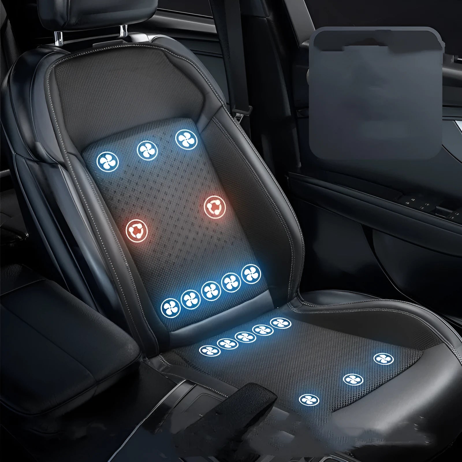 Single-seat car cooling pad with minimalist solid-colour design, shown in blue and black options.