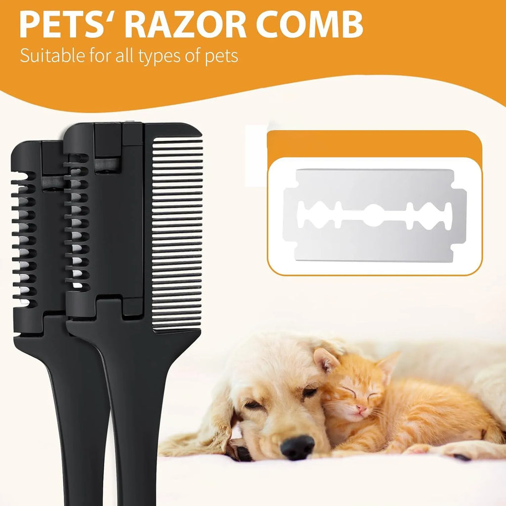 2 in 1 pet razor comb for dogs and cats with 10 replacement blades for safe hair trimming and detangling
