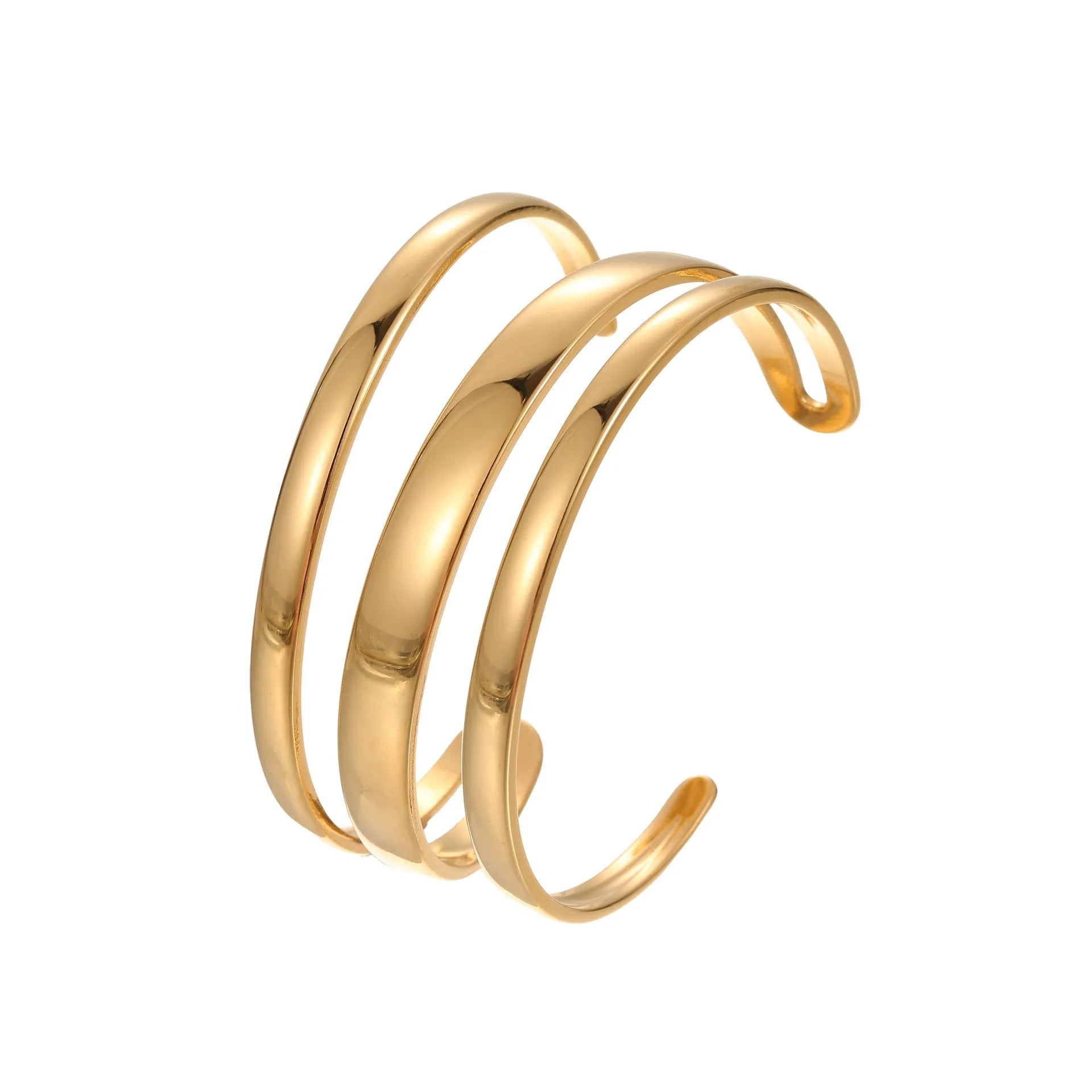 Women's stainless steel bracelet with geometric line design, shown in gold and steel finish options.
