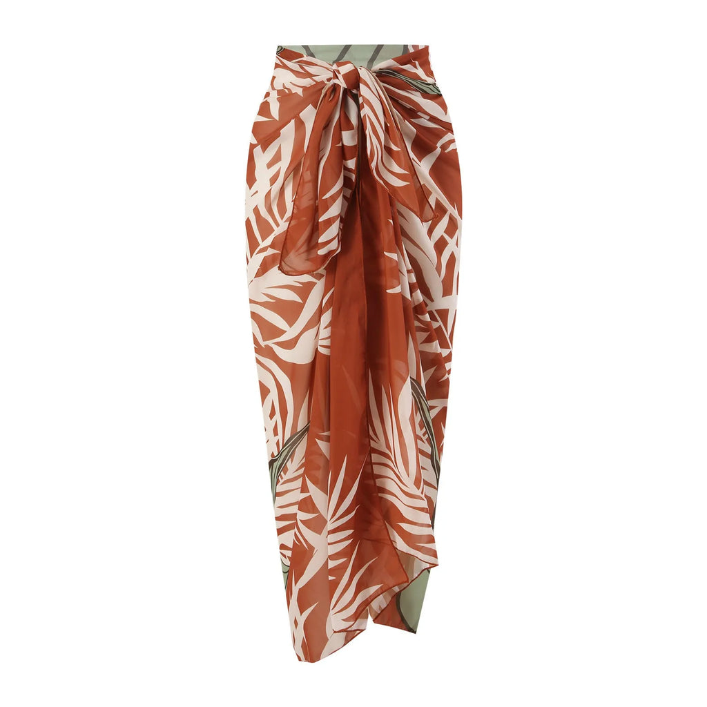 Women's high-waisted push-up swimsuit with brown chiffon dress cover-up showing split skirt design