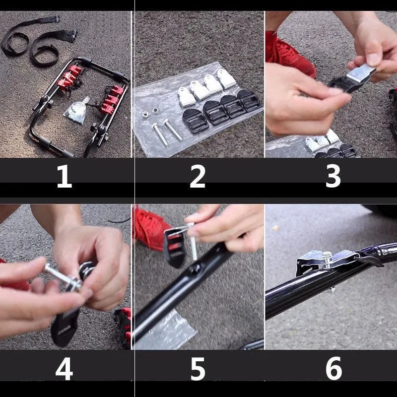 Black and red car boot mounted bike rack with iron frame and dual securing options