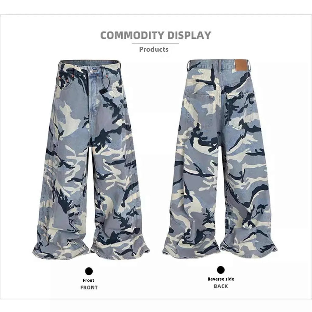 Snow camouflage blue jeans with loose fit and micro-elastic denim fabric