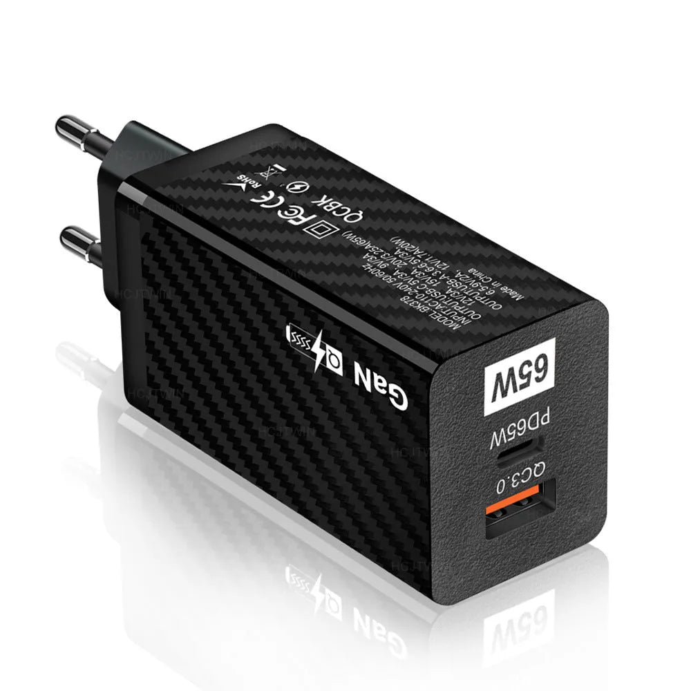 Gallium Nitride 65W laptop charger in black or white with compact dimensions and multiple electrical plug options