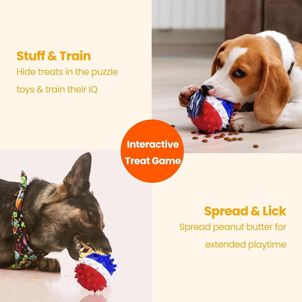 Blue and red tough TPR rubber dog chew toy with squeaker and treat dispenser hole.