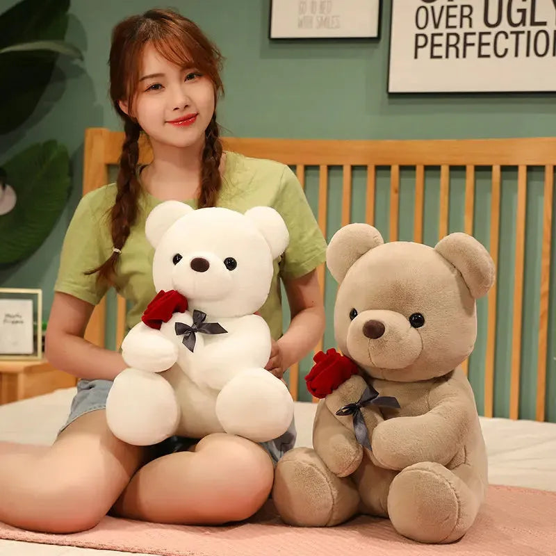 Rose bear plush teddy bear stuffed animal toy in beige, brown or grey colours showing cartoon design
