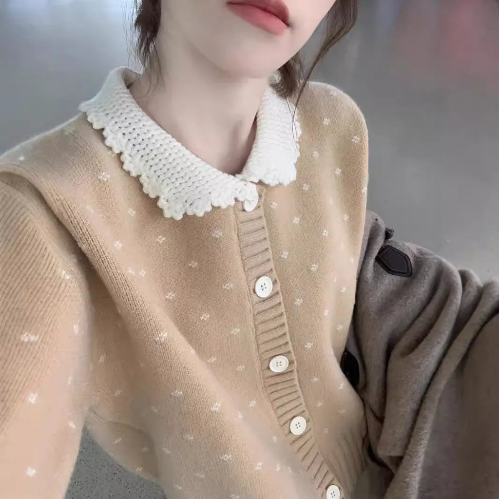 Women's knitted cardigan coat with Peter Pan collar in navy blue, apricot, or grey colours