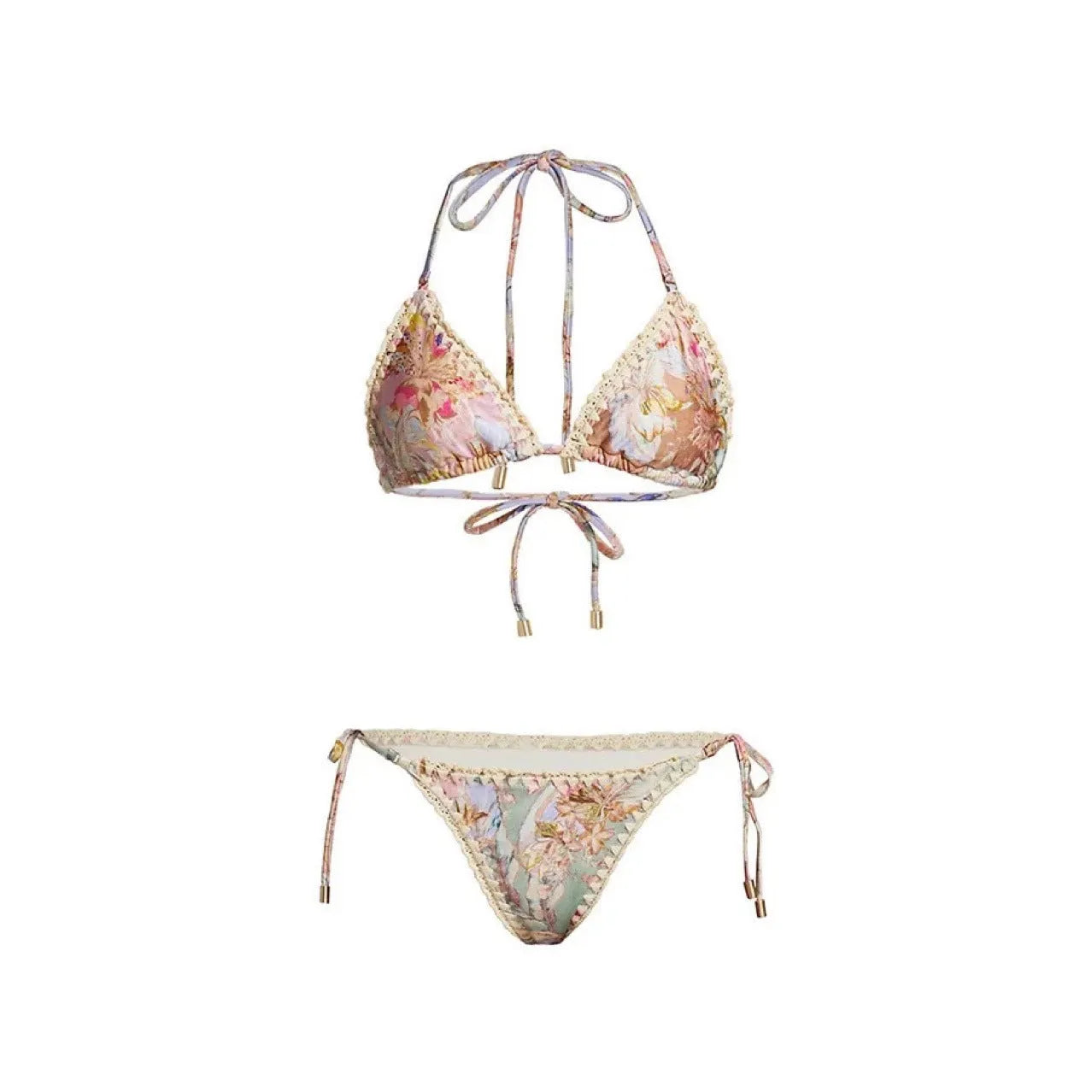 Women's creamy-white floral print bikini set with removable skirt for beach swimming