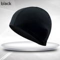 Black single line polyester cloth swim cap for adult unisex swimming.