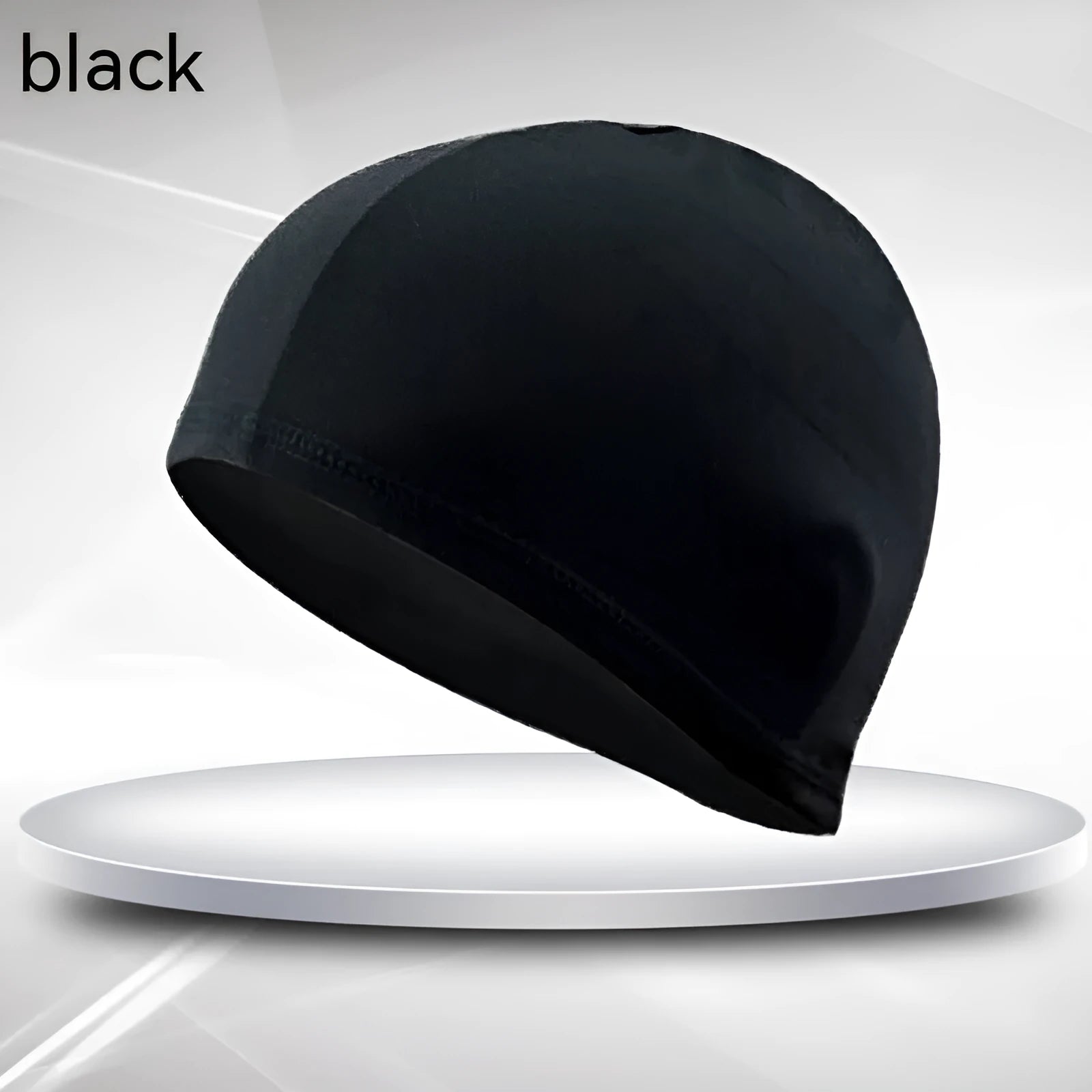 Black single line polyester cloth swim cap for adult unisex swimming.