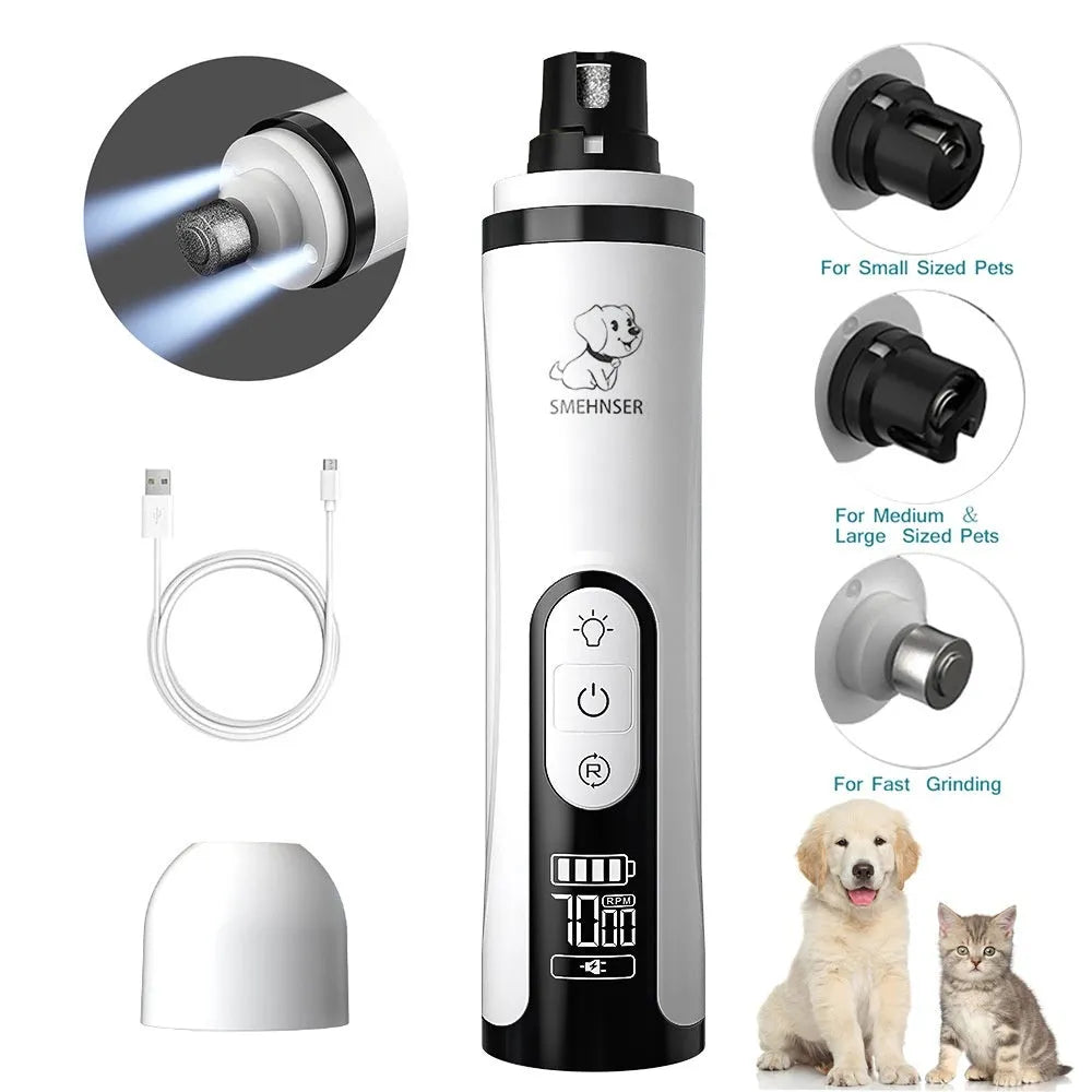 Electric dog nail grinder showing LCD display and three-speed settings
