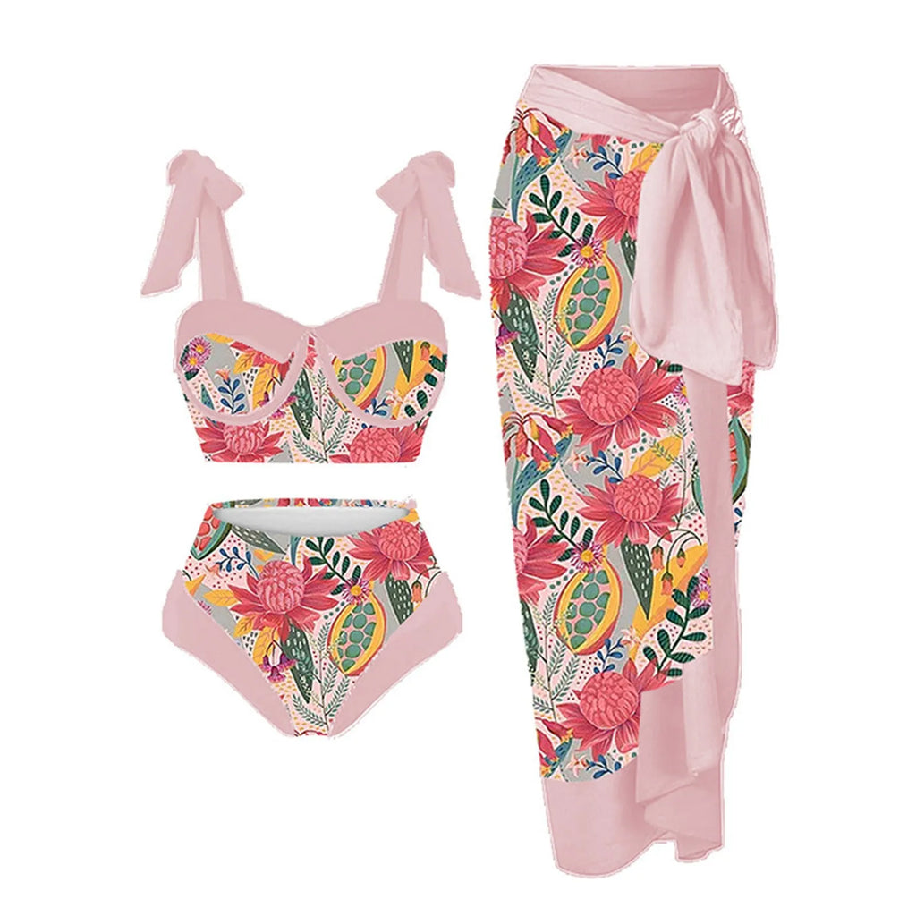 Women's printed split swimsuit three-piece set in a floral colour on a mannequin.