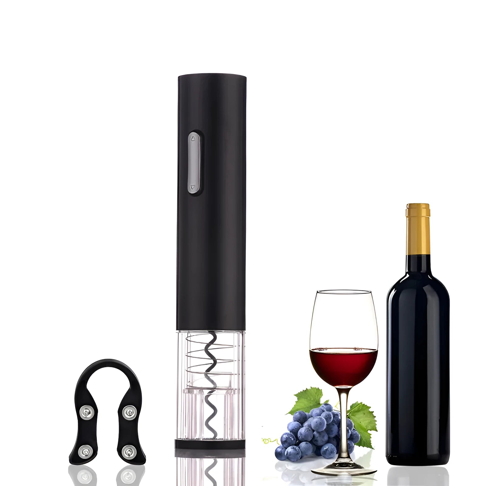 Black automatic electric wine bottle opener with foil cutter on a counter