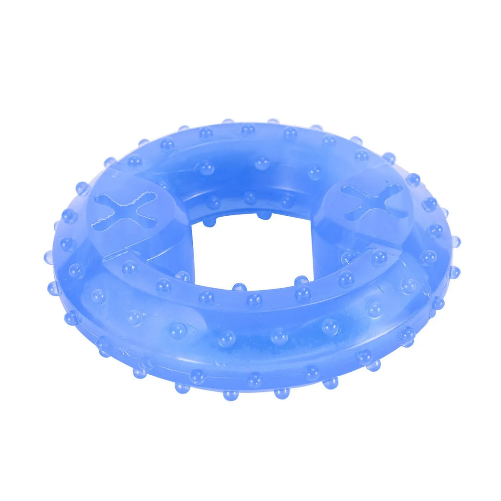 Freezable non-toxic dog chew toy in bone and circle shapes for teething and cooling.